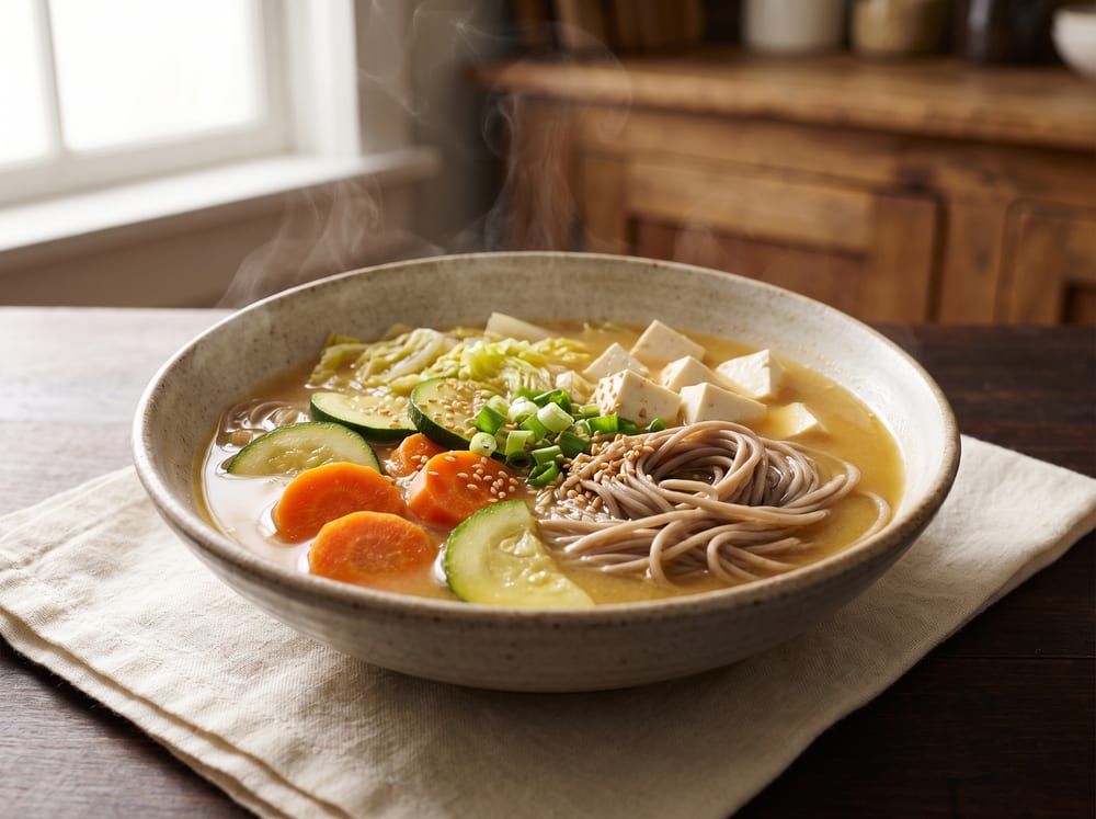 A wide pale stoneware bowl of golden ginger-miso broth over nests of buckwheat soba on warm ivory linen and espresso-toned wood, soft-cooked carrot coins, zucchini half-moons and wilted napa cabbage with cubes of silken tofu, scattered scallion and sesame, steam rising in soft daylight, shot straight-on with a gently blurred background.