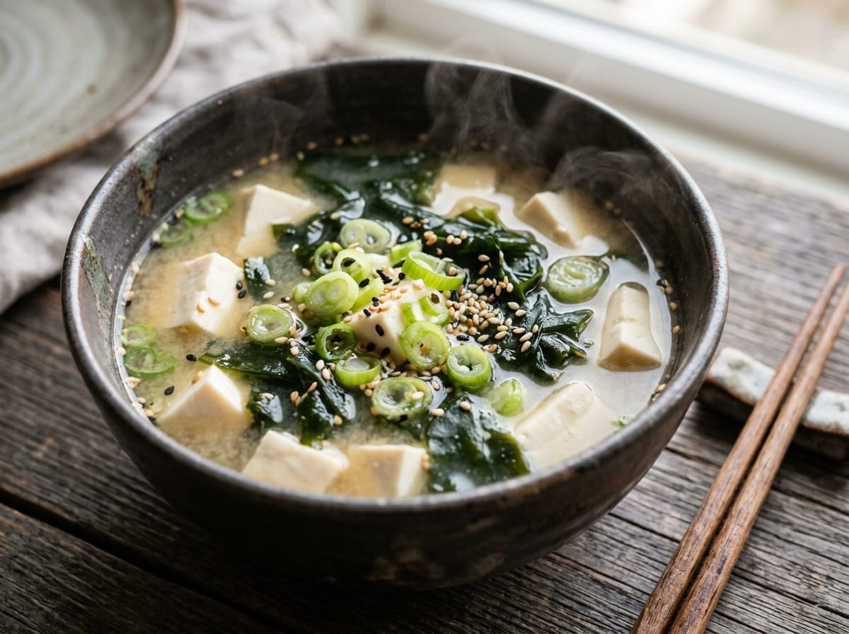 A dark bowl of pale miso broth holding white cubes of silken tofu and dark green ribbons of wakame, scattered with sliced spring onion and sesame seeds, steam rising in soft light.