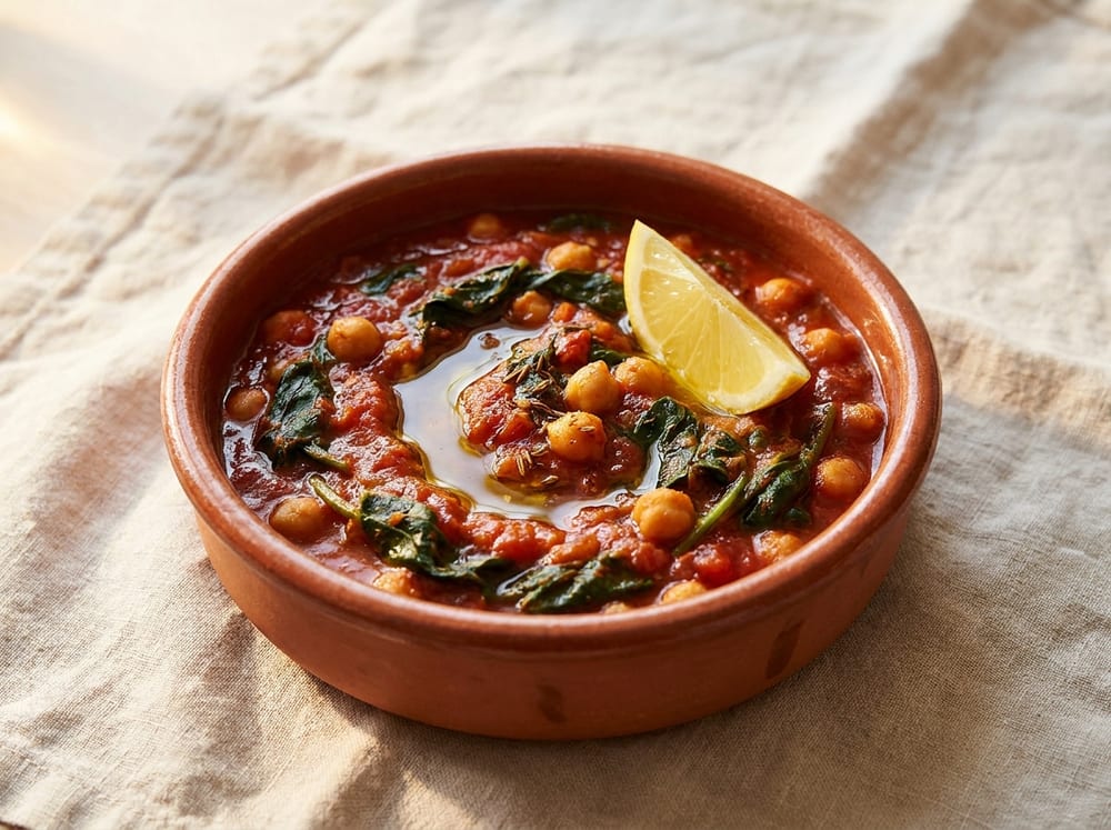 A rustic terracotta bowl of glossy chickpeas and dark wilted spinach in a deep red tomato sauce flecked with cumin, garnished with a bright lemon wedge and a swirl of olive oil, set on a pale linen cloth with warm soft daylight from the side, straight-on view, no text.