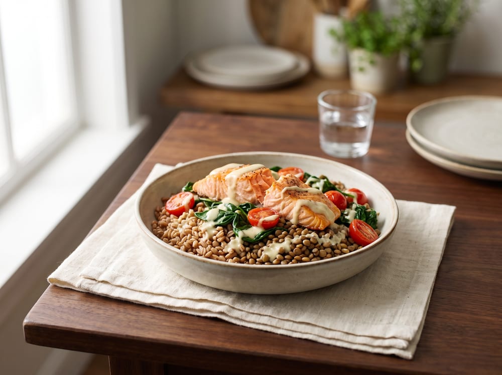A shallow bowl layered with nutty farro, brown lentils, baby spinach, halved cherry tomatoes, and flaked salmon under a pale lemon-tahini drizzle, set on ivory linen and warm espresso wood in soft daylight, straight-on view with a softly blurred background, four by three framing, no text.