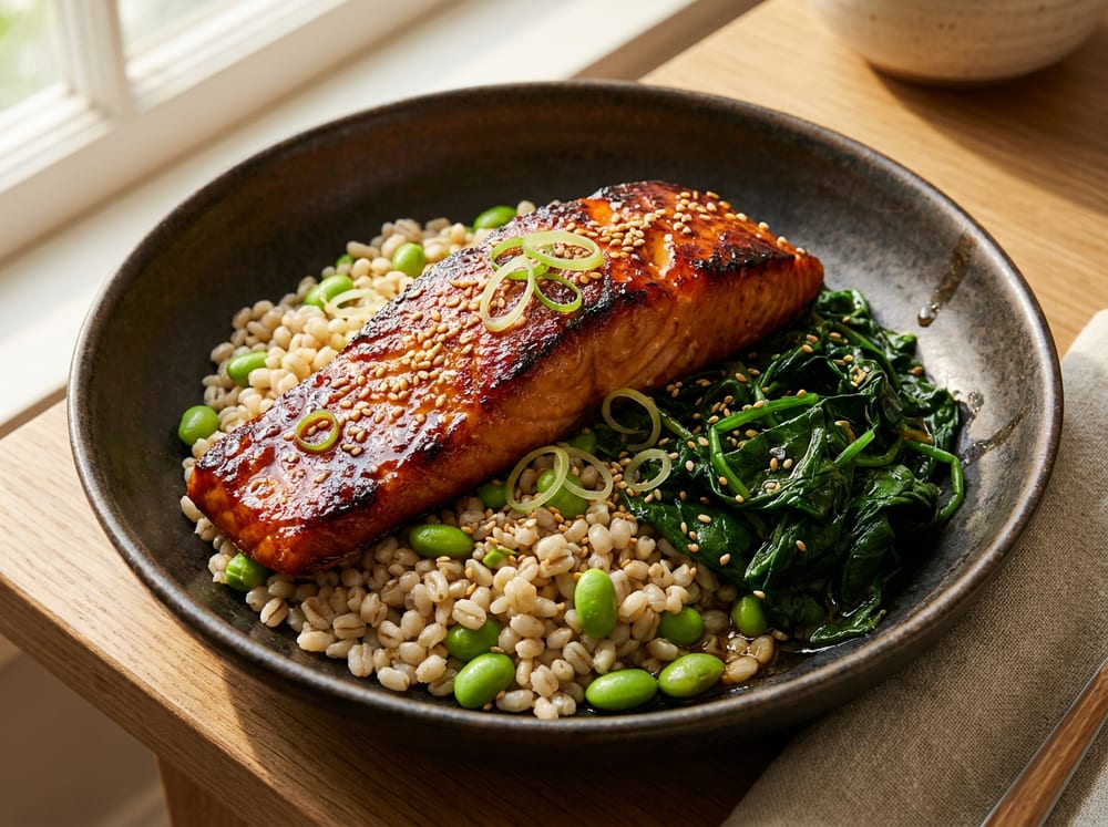 A caramelized miso-glazed salmon fillet with a lacquered amber top resting on a bed of chewy barley and bright green edamame, beside glossy sesame-wilted spinach, garnished with toasted sesame seeds and thin scallion rings, plated in a dark stoneware bowl under soft directional light.