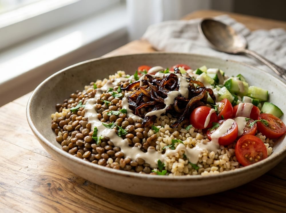 A shallow ceramic bowl of glossy brown lentils and bulgur topped with dark caramelized onion strands, halved cherry tomatoes, diced cucumber, and a drizzle of pale tahini sauce, scattered with parsley, shot from a low angle on a rustic olive-wood table in soft warm daylight.