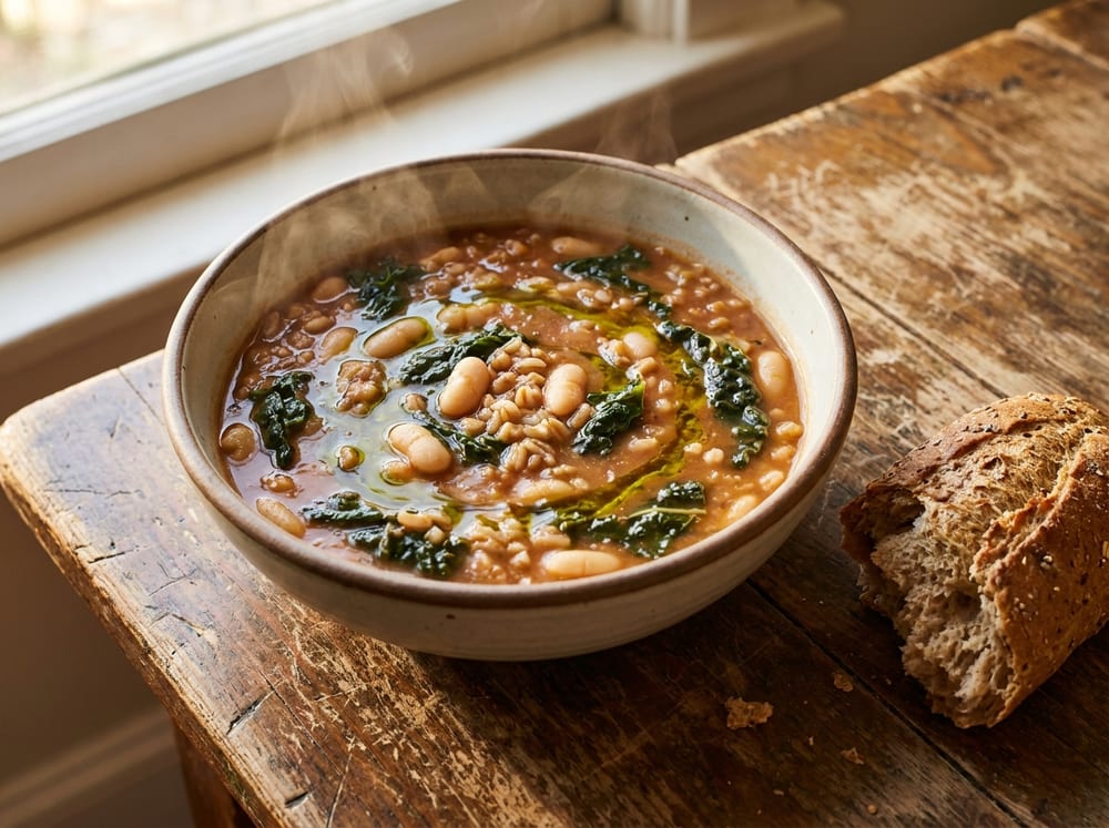 A deep rustic bowl of thick Tuscan bean soup with visible white cannellini beans, farro grains, and dark ribbons of lacinato kale, a glistening swirl of green olive oil on top, steam rising, set on a weathered wooden table beside a torn piece of whole-grain bread in warm natural light.