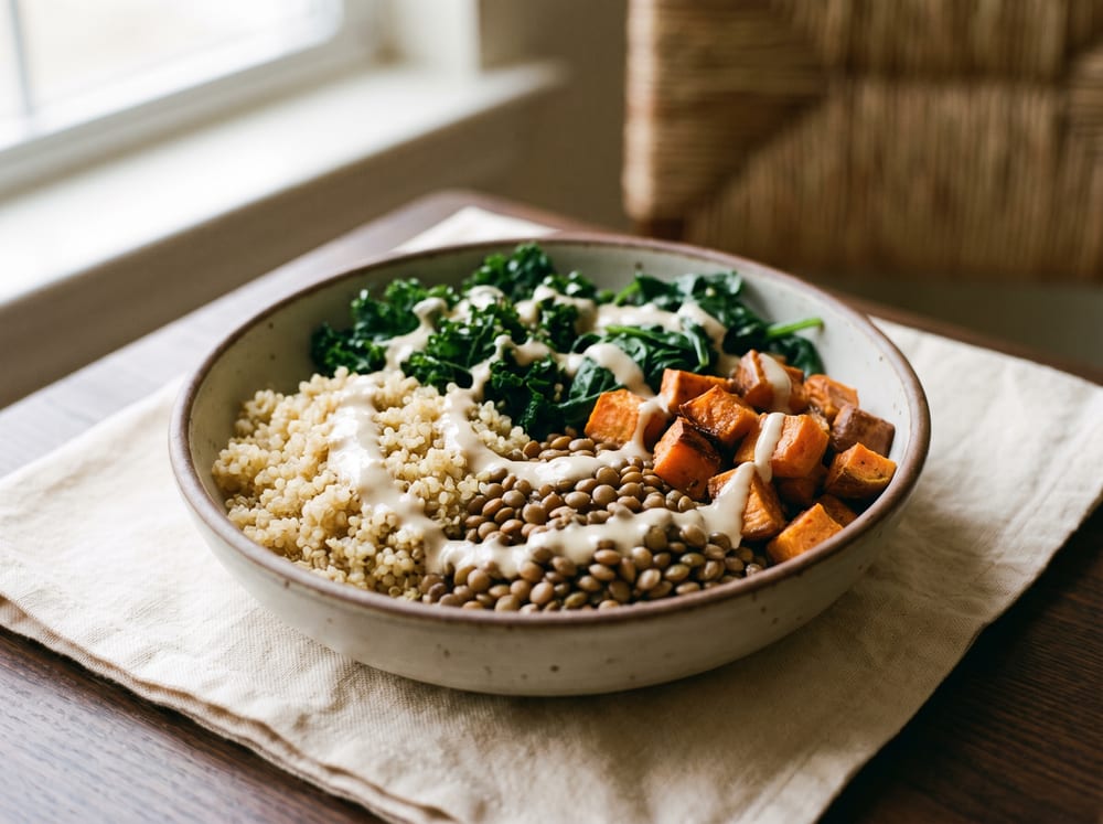 A straight-on 4:3 photograph of a warm grain bowl with fluffy quinoa, brown lentils, caramelized diced sweet potato, and dark leafy greens under a drizzle of pale tahini, on warm ivory linen and espresso-toned wood, soft daylight, gentle background blur, no text.