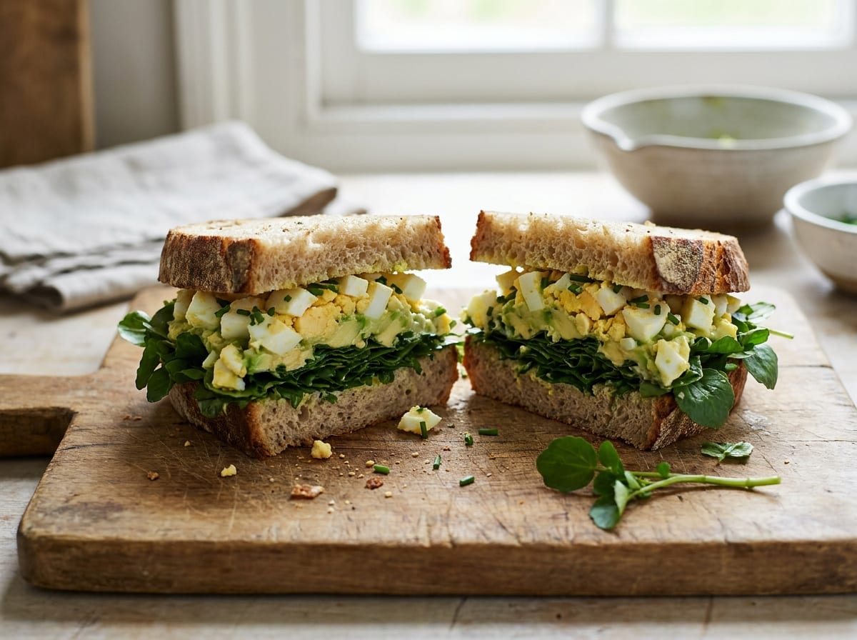 A sandwich cut in half on a wooden board showing crushed egg and pale green avocado filling flecked with chives above a thick layer of dark watercress, sourdough crust visible at the edges.