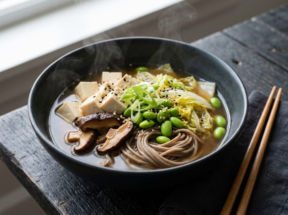 A deep dark ceramic bowl of clear amber miso broth holding cubes of tofu, glossy sliced shiitake, bright green edamame and wilted napa cabbage over coiled buckwheat soba noodles, garnished with sliced scallions and sesame seeds, steam curling upward, shot at a low angle on a textured charcoal table with chopsticks resting on a folded cloth in moody warm light.