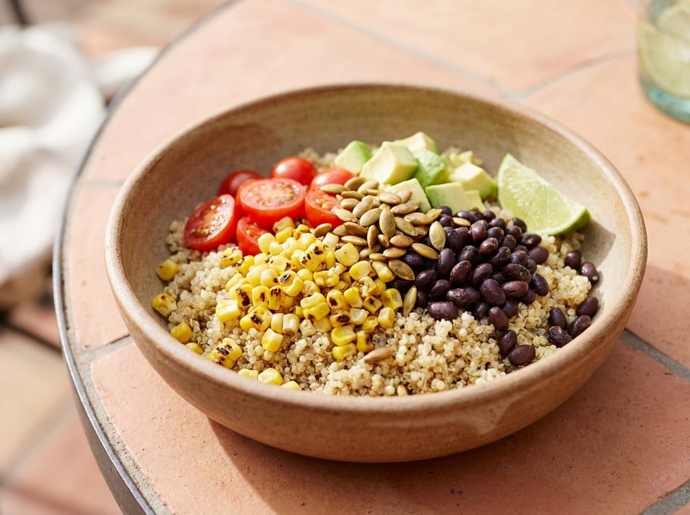 A wide shallow bowl of fluffy quinoa topped with smoky charred corn, glossy black beans, halved red cherry tomatoes and pale green diced avocado, scattered with golden toasted pepitas and a lime wedge, on a warm terracotta surface in soft natural daylight.