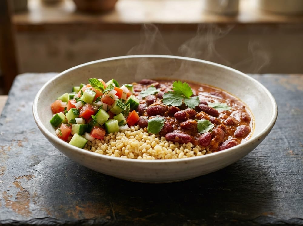 A wide shallow ceramic bowl of glossy deep-red kidney bean curry pooled over pale golden cracked wheat, flecked with green cilantro, a bright mound of diced cucumber and tomato salad tucked to one side, photographed from a low three-quarter angle on a weathered dark slate surface under soft warm daylight, steam rising gently.