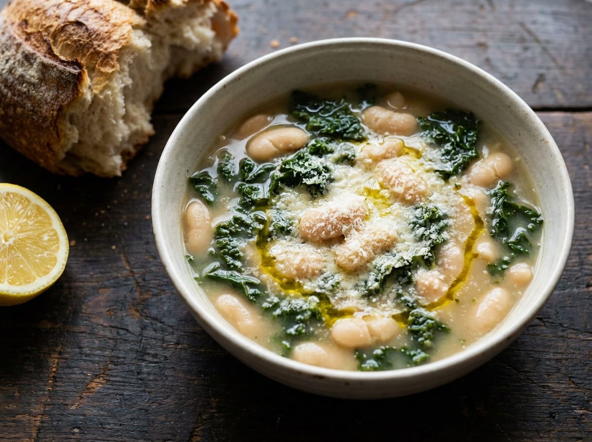 A rustic bowl of pale broth thick with white beans and dark shredded kale, dusted with grated cheese and a swirl of olive oil, a crust of bread and a lemon half beside it.