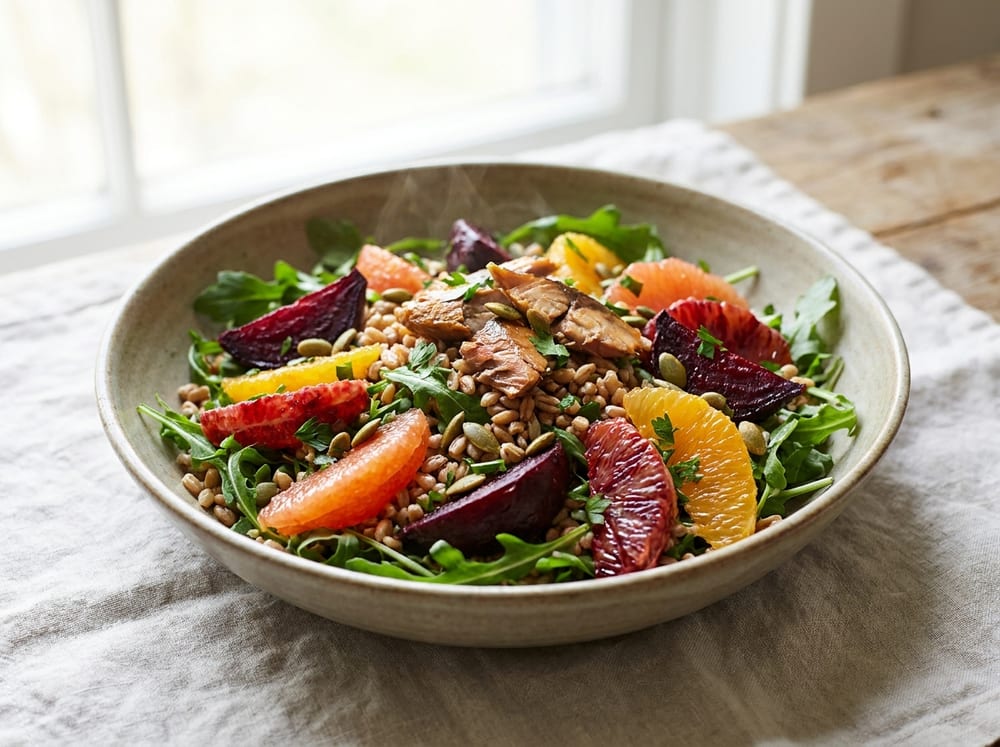 A shallow ceramic bowl of chewy farro and dark-green arugula topped with deep-crimson roasted beet wedges, bright orange citrus segments, and flakes of bronze smoked mackerel, scattered with toasted green pumpkin seeds and parsley, on a pale linen surface in soft natural side light with faint steam rising