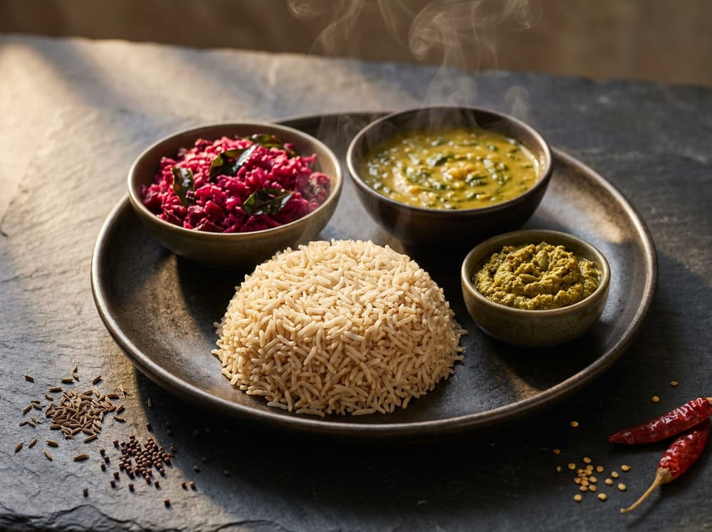 A rustic thali-style plate with a mound of nutty brown basmati rice, a vivid magenta beetroot-coconut poriyal flecked with dark curry leaves, a golden-green spinach dal, and a small dish of coarse olive-green pumpkin-seed chutney, on a dark slate surface under warm directional light with soft steam and scattered spice