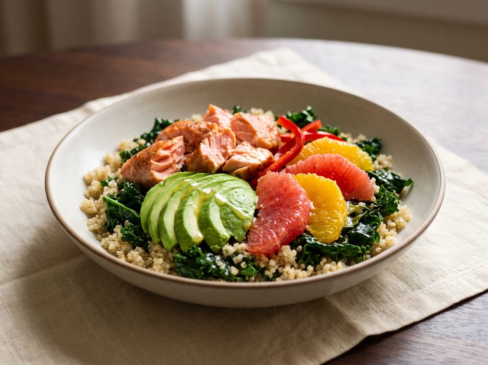 A wide bowl of fluffy quinoa and dark massaged kale topped with rosy flakes of roasted salmon, fanned avocado, jewel-toned grapefruit and orange segments and slivers of red pepper, glossy with lemon dressing, on warm ivory linen over espresso-toned wood in soft daylight, straight-on with a softly blurred background, 4:3 framing.