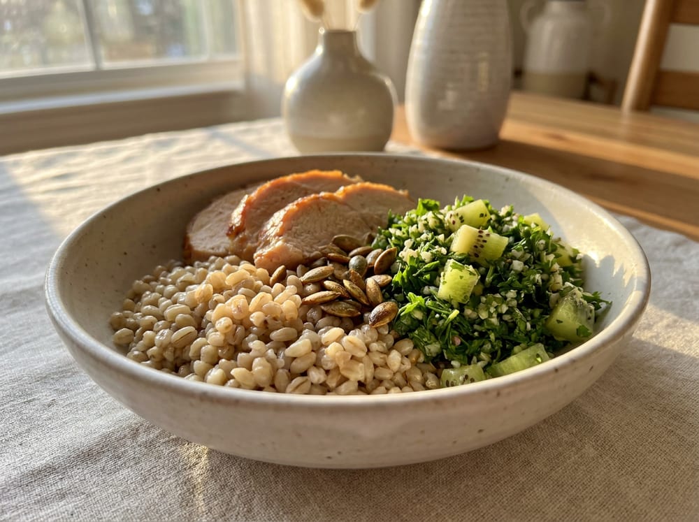 A shallow ceramic bowl of glossy pearl barley topped with sliced roast turkey and a mound of bright green parsley-mint tabbouleh flecked with emerald kiwi, scattered pumpkin seeds catching the light, set on a pale linen surface in soft warm late-afternoon daylight.