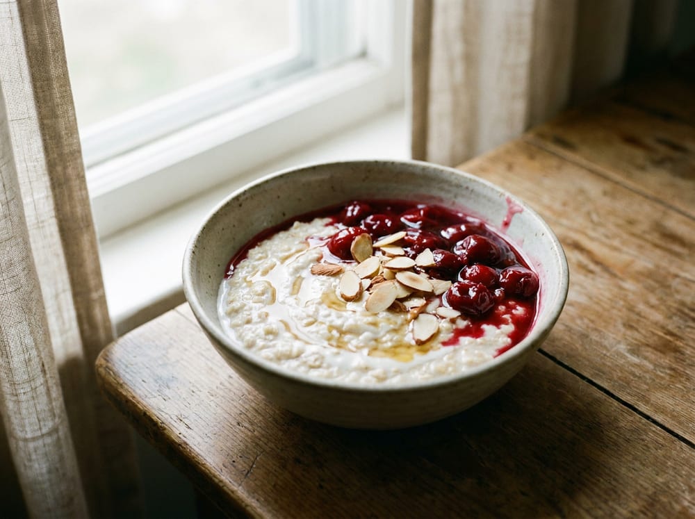 A rustic stoneware bowl of creamy pale oats swirled with kefir, crowned by a glistening ruby tart-cherry compote spilling down one side, sprinkled with golden toasted almond slices and a thin ribbon of honey, on a weathered wood table lit by soft diffused window light.