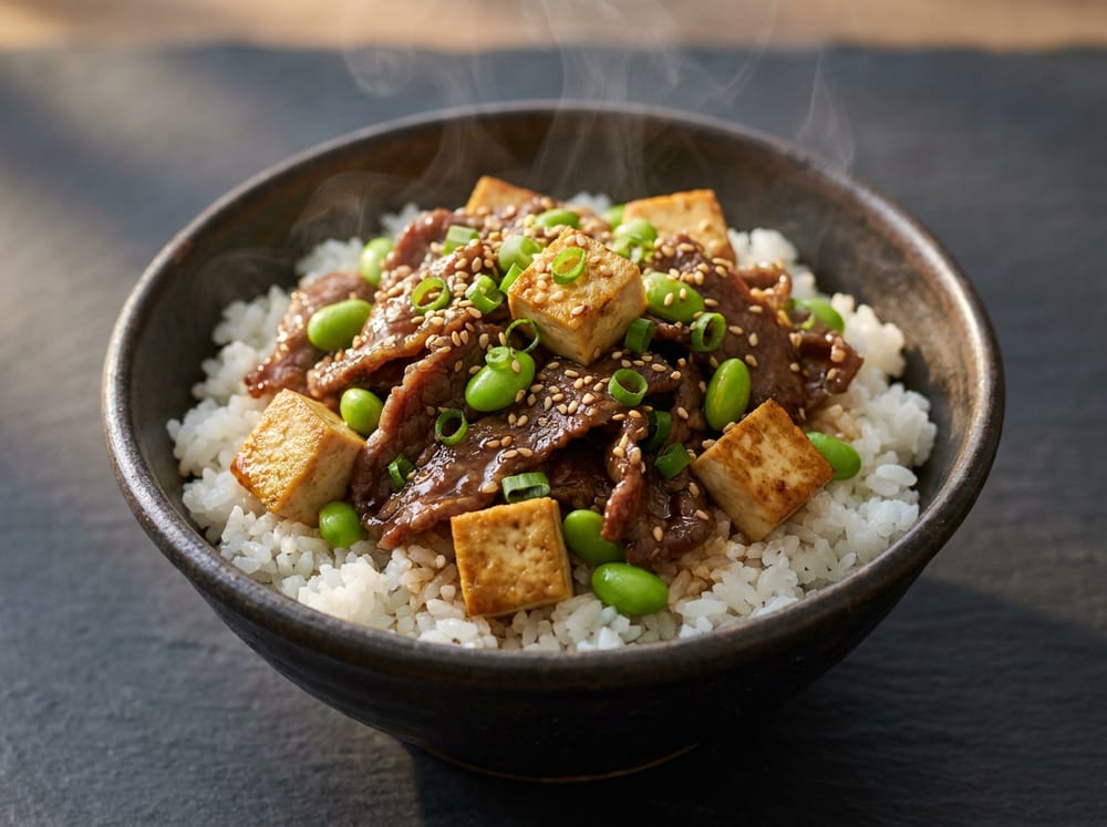 A deep ceramic bowl of fluffy short-grain white rice topped with glossy soy-glazed thin-sliced beef, golden-seared tofu cubes and bright green edamame, garnished with sliced scallion and sesame seeds, steam rising, photographed straight-on with soft warm lighting against a dark slate background.