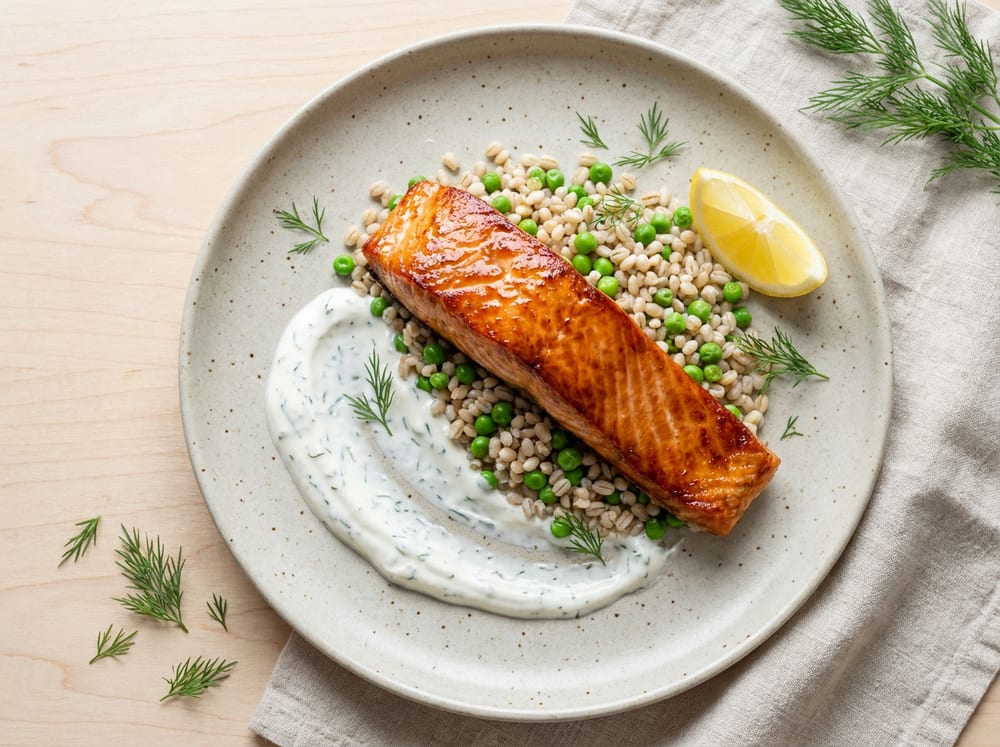Overhead shot of a matte ceramic plate with a glossy roasted salmon fillet resting on a bed of pale pearl barley flecked with bright green peas, a swoosh of white dill-yogurt sauce beneath it, scattered fresh dill fronds and a lemon wedge, on a pale birch wood table in soft diffused daylight.