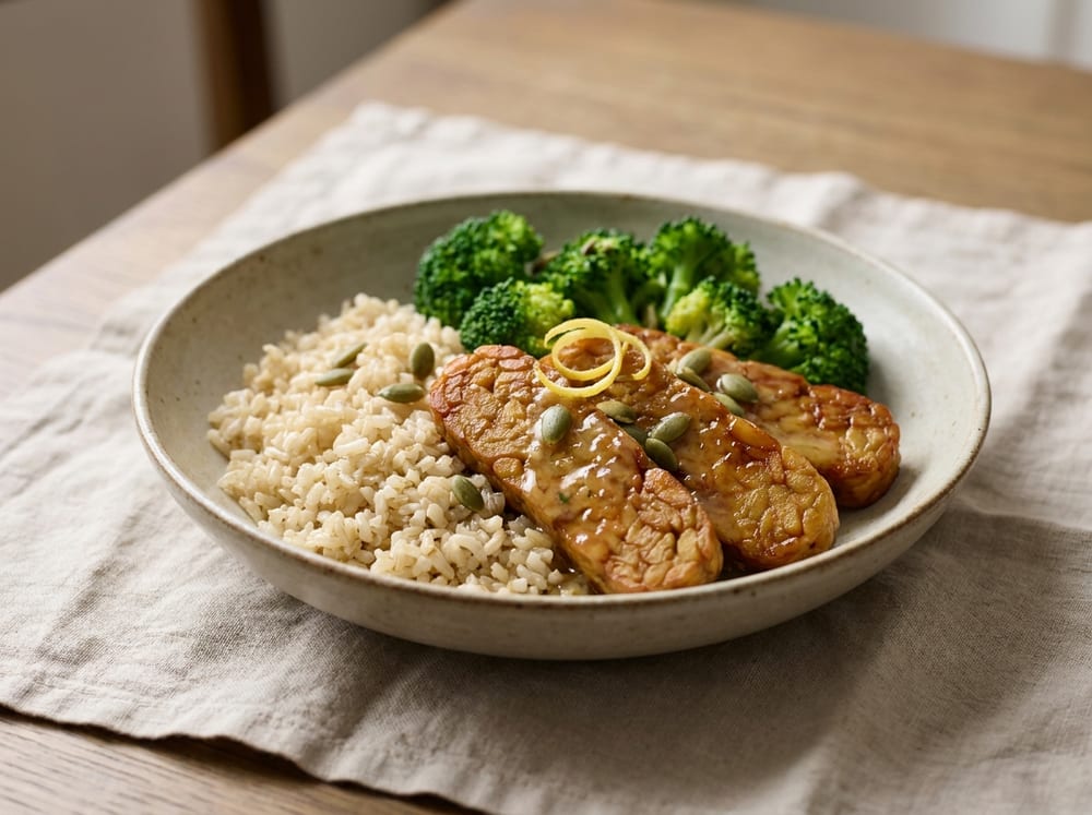 A shallow stone bowl on a pale linen surface holding fluffy brown rice, bright steamed broccoli, and thick slabs of caramelized golden-brown tempeh, glossed with a lemon-garlic drizzle and scattered with green pumpkin seeds and a curl of lemon zest, soft natural side light.