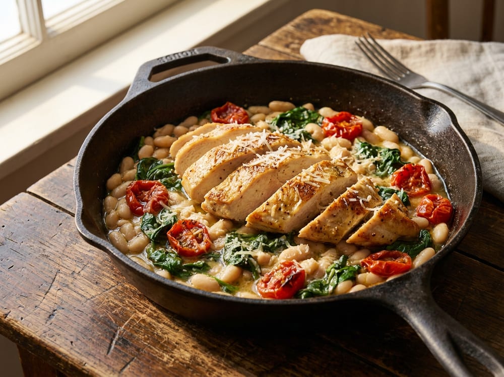 A rustic cast-iron skillet holding sliced golden-seared chicken breast fanned over creamy white cannellini beans, wilted dark green spinach and blistered red cherry tomato halves, glossy with a lemon-garlic sauce and dusted with grated parmesan, shot at a low three-quarter angle on a weathered dark wood surface with warm side lighting.