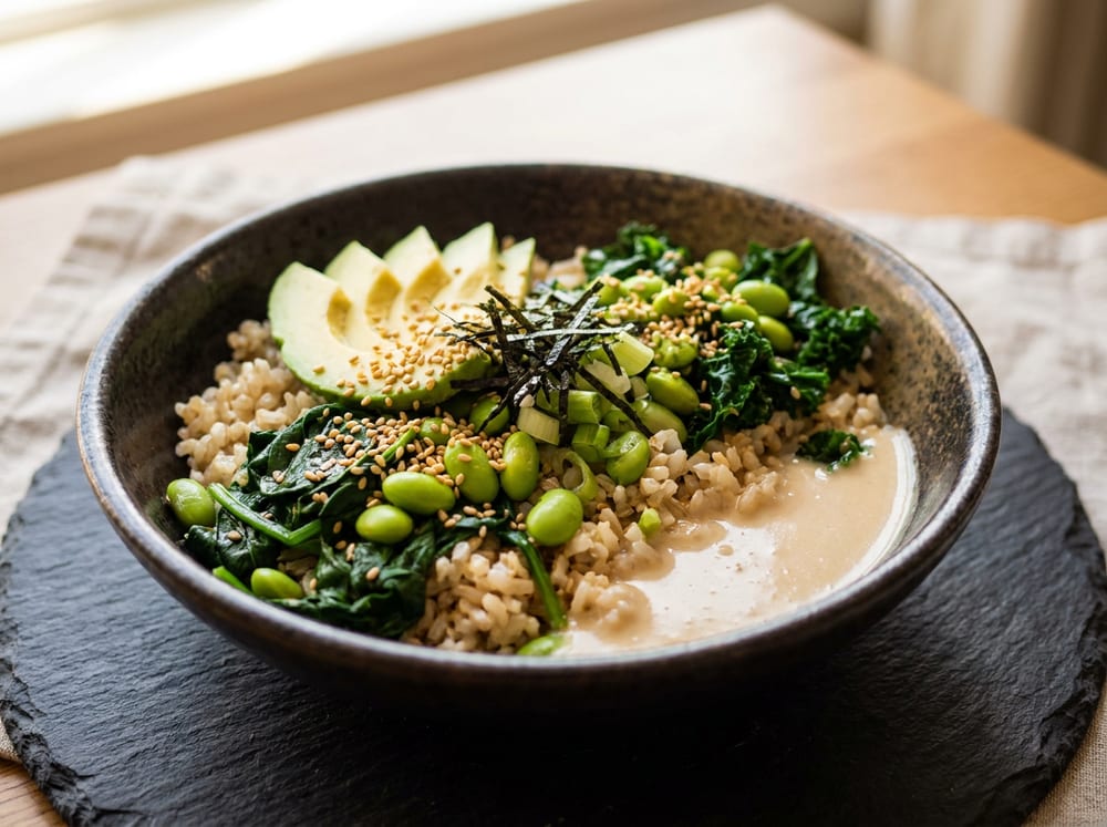 A deep dark bowl of glossy brown rice with bright green edamame beans, wilted dark leafy greens, fanned pale-green avocado slices, and a pale beige miso dressing pooling at the edge, topped with toasted sesame seeds, thin black nori strips, and green spring-onion rings, on a slate surface in soft warm natural light