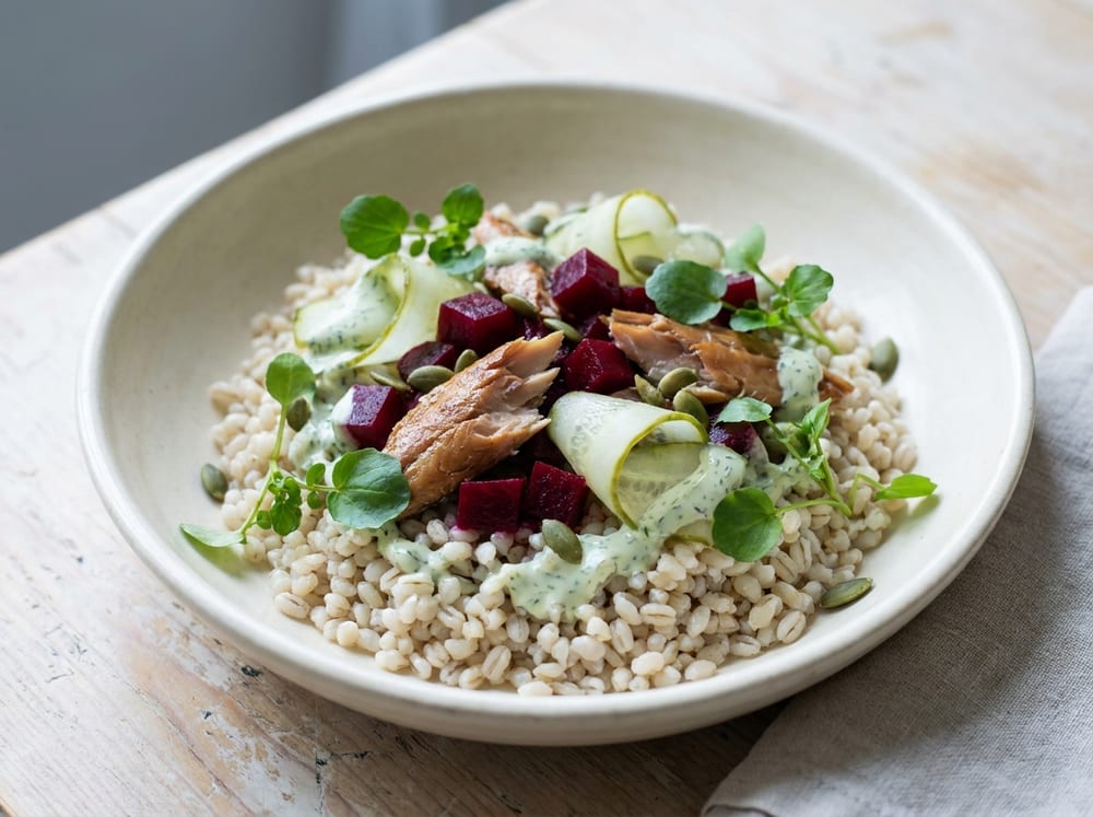 A shallow ceramic bowl of pale nutty barley topped with bronze flakes of smoked mackerel, ruby-red diced beetroot, pale pickled cucumber ribbons, and sprigs of watercress, drizzled with a creamy pale-green dill dressing and scattered green pumpkin seeds, set on a pale birch table in soft cool north-facing daylight