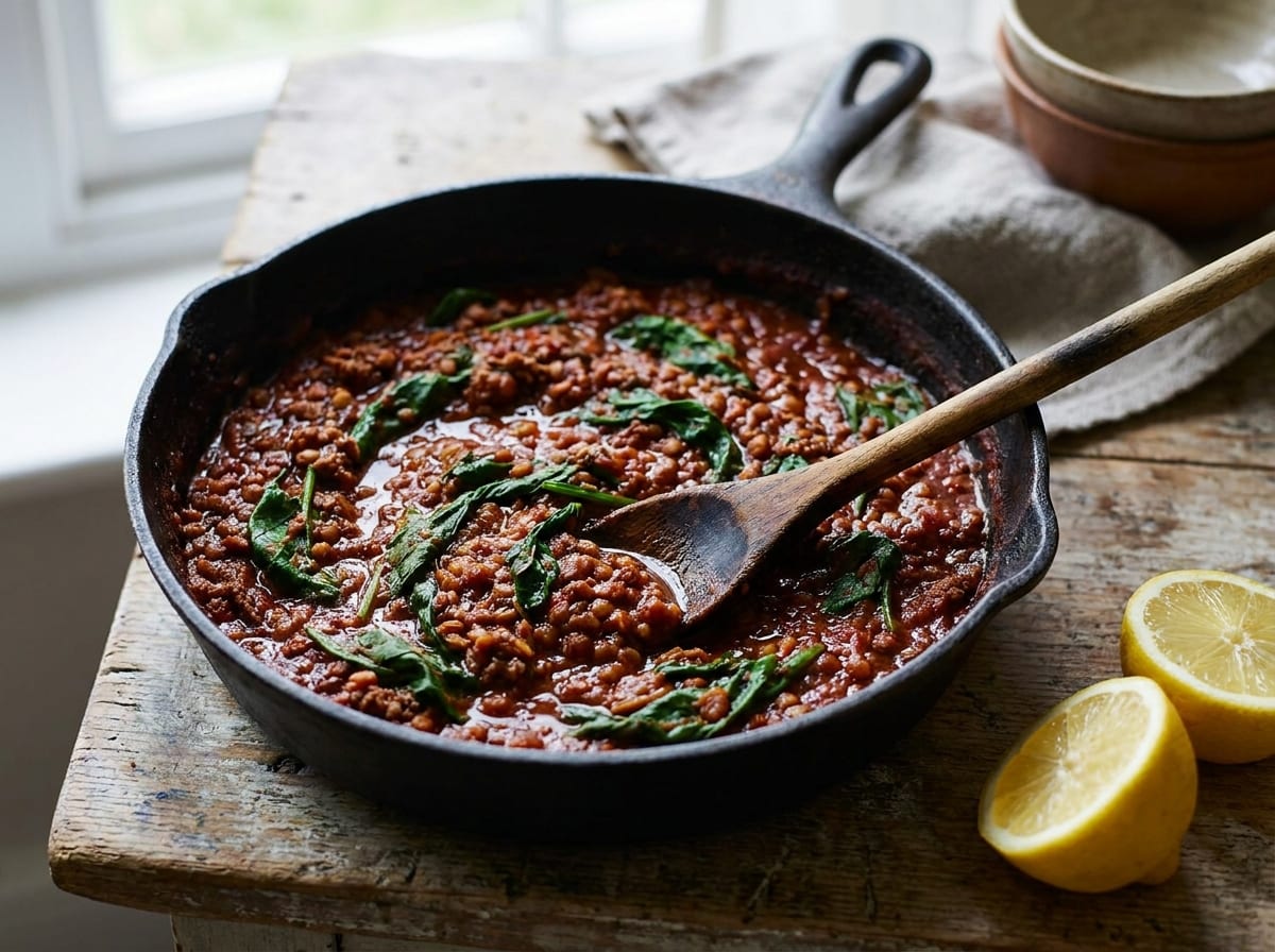 A heavy pan of deep red ragu thick with lentils and mince, dark green spinach folded through, a wooden spoon resting in it and a halved lemon alongside on a scrubbed table.