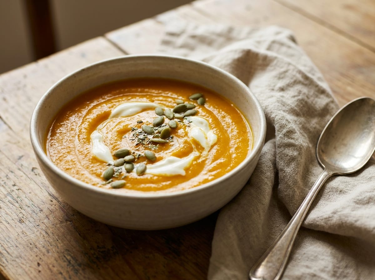 A bowl of deep orange blended soup swirled with white yoghurt and scattered with green pumpkin seeds, a rough linen napkin and a spoon beside it in warm daylight.