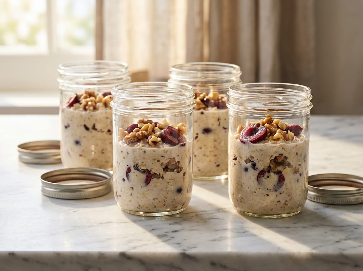 Four glass jars of pale oat bircher studded with dark red cherries and chopped walnuts, lids beside them on a marble counter, morning light from the left.