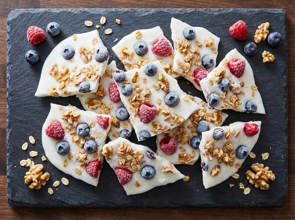 Jagged shards of frozen white yogurt bark studded with deep-purple blueberries, ruby raspberries, golden toasted oats, and chopped walnuts, arranged on a chilled slate board with a few loose berries around, crisp bright overhead light catching frosty texture on the surface.