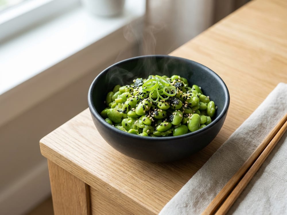 A small dark ceramic bowl of glossy bright-green smashed edamame flecked with black and white sesame seeds and dark nori flakes, a scattering of thin scallion rings on top, set on a pale oak table in soft natural side light with gentle steam rising.