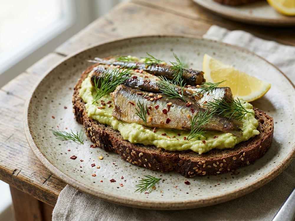 An open-faced slice of dark seeded rye toast on a small speckled stoneware plate, pale-green mashed avocado spread underneath glistening bronze sardine fillets, scattered with feathery fresh dill and a few chili flakes, a lemon wedge alongside, bright diffuse daylight from the left.