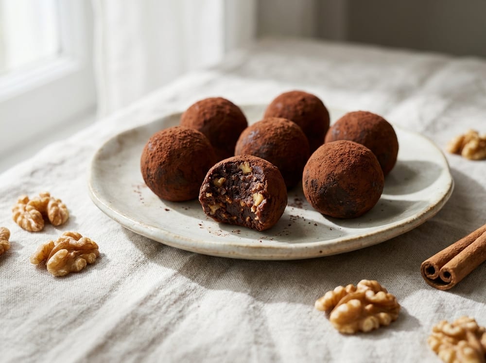 Eight dark cocoa-dusted date-and-walnut bites arranged on a pale ceramic plate, one split open to show a fudgy interior, scattered walnut halves and a cinnamon stick alongside, soft natural side lighting casting gentle shadows on a light linen surface.