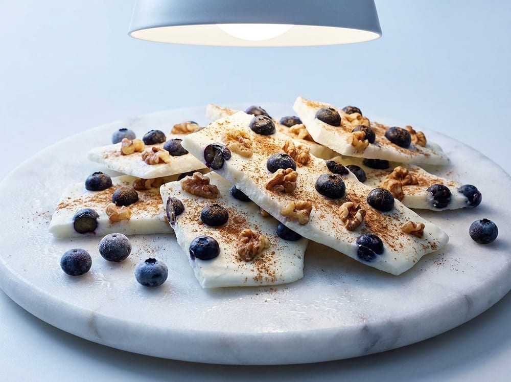 Jagged shards of frozen white yogurt bark packed with glossy whole blueberries and toasted walnut pieces, dusted lightly with cinnamon, stacked on a chilled marble slab with a few loose berries and faint frost, lit by cool bright overhead light.