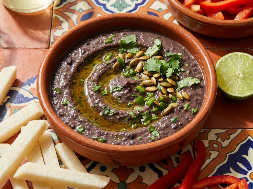 A rustic terracotta bowl of vivid green-flecked black bean dip swirled with olive oil, garnished with toasted pumpkin seeds and torn cilantro, surrounded by pale jicama batons and red pepper strips on a warm-toned Mexican tile surface, lit by bright side lighting with a lime half nearby.