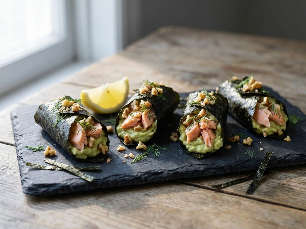 Four hand-rolled nori bites filled with pale-green mashed avocado and flaked pink salmon, topped with chopped walnuts and flecks of dill, arranged on a dark slate board with a lemon wedge and scattered nori strips, lit by soft natural window light casting gentle shadows.