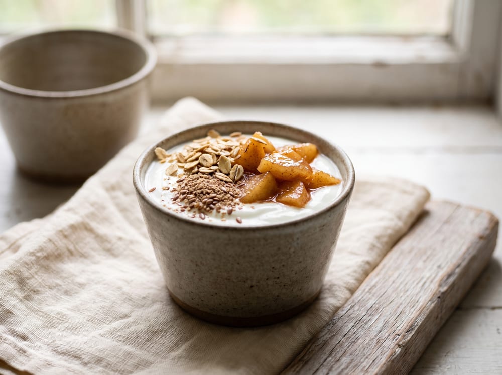 A small stoneware cup of thick white yogurt topped with glossy amber cinnamon-stewed apple, a dusting of ground flax and toasted oats, set on warm ivory linen beside pale espresso wood with a second cup softly out of focus behind, gentle daylight, shot straight-on with a blurred background.