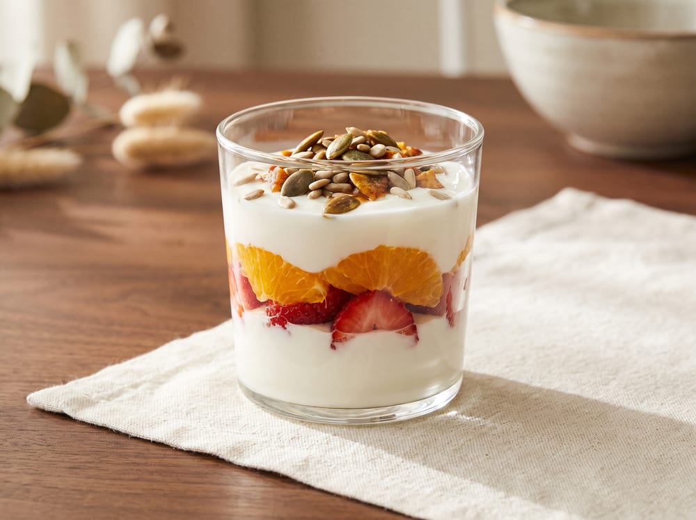A clear glass parfait of thick white yogurt layered with bright orange segments and sliced strawberries, topped with pale toasted seeds, set on ivory linen and warm espresso wood in gentle natural light, straight-on view with a softly blurred background, four by three framing, no text.