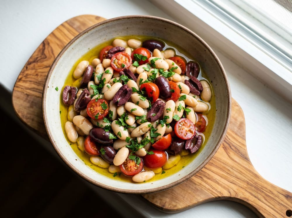 Overhead shot of a shallow ceramic bowl holding creamy white cannellini beans tossed with glossy dark kalamata olive halves, ruby cherry tomato halves, and flecks of green parsley, a sheen of olive oil pooling at the edges, set on a rustic olive-wood board in soft natural window light.