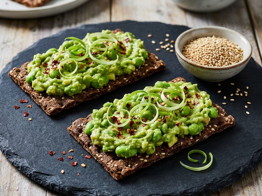 Two rectangles of dark seeded rye crispbread topped with a rough, bright-green edamame smash, finished with thin scallion slivers and a scatter of red chili flakes, arranged on a slate plate with a small dish of sesame seeds beside them under crisp side lighting.