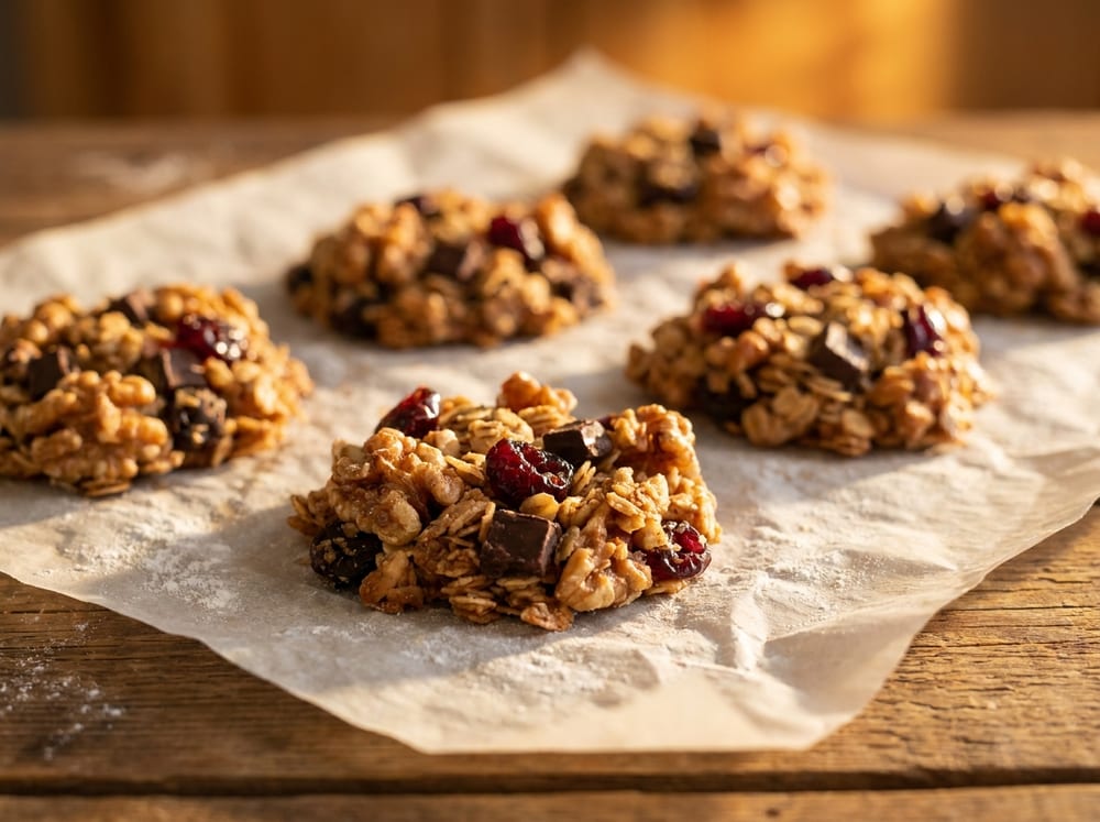 Close-up of half a dozen craggy golden-brown walnut-and-oat clusters on crumpled parchment, glinting with dark chocolate shards and deep-red dried cherries, shallow depth of field with warm directional light catching the toasted nut edges.