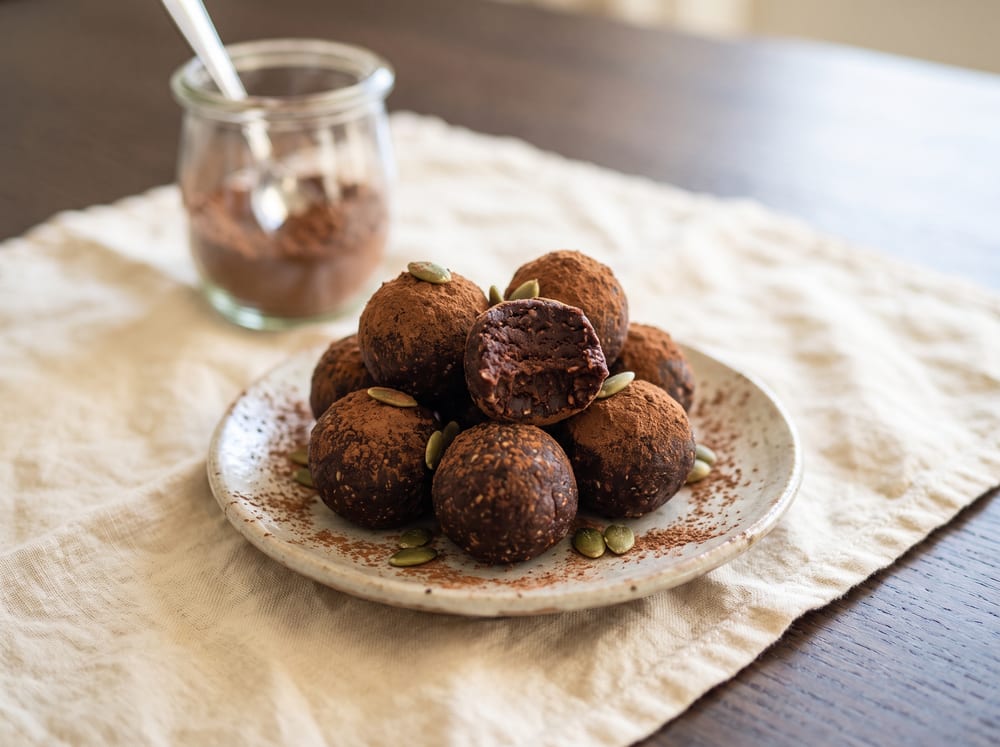 A small plate of rough-rolled dark cocoa energy bites dusted with cocoa and a few pumpkin seeds, one bitten to show a fudgy interior, a jar of tahini softly blurred behind, on warm ivory linen over espresso-toned wood, soft natural daylight, photographed straight-on in a four-by-three frame with a gently blurred background, no text.