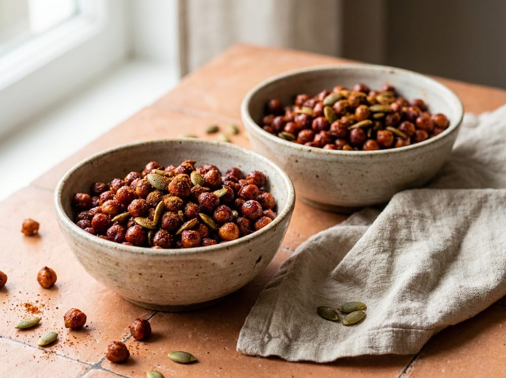 Two small ceramic bowls of burnished, smoky-red roasted chickpeas tossed with green pumpkin seeds, dusted in paprika and cumin, a few loose chickpeas scattered on a warm terracotta surface beside a linen napkin, soft natural side light catching their crisp, glistening edges, photographed at a close three-quarter angle.