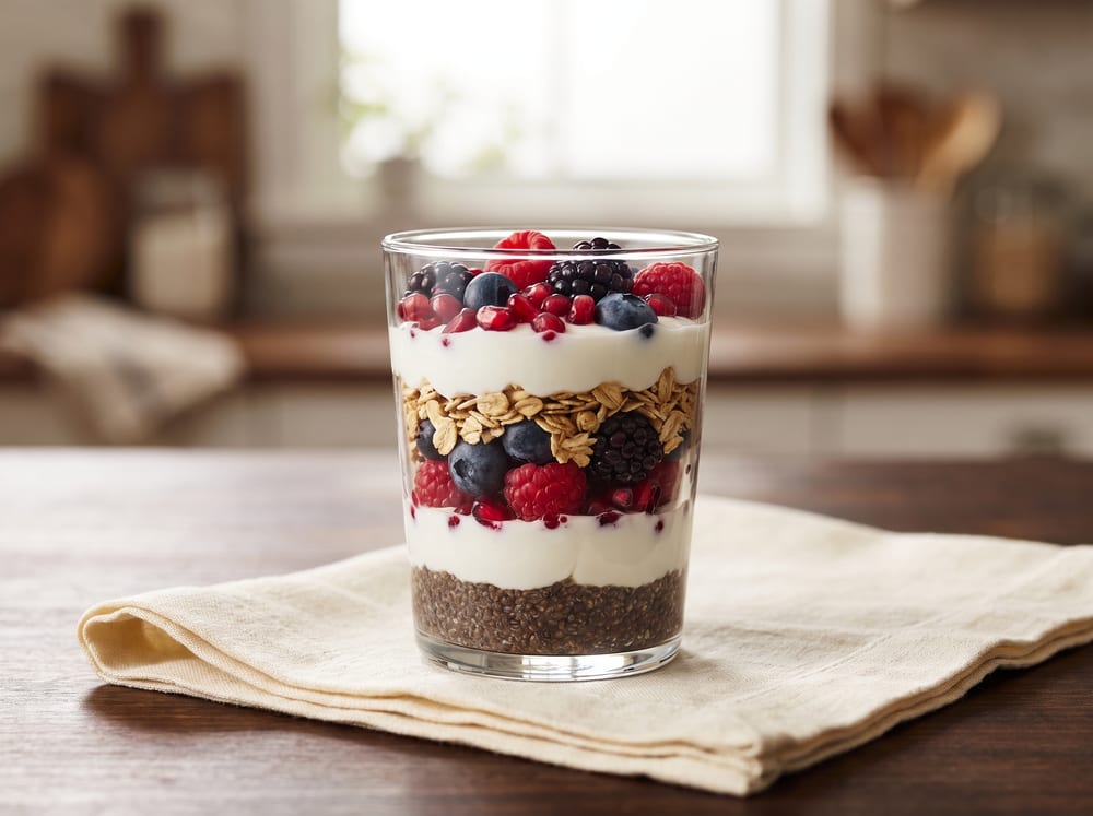 A straight-on 4:3 photograph of a clear glass parfait with distinct layers of thick white yogurt, jewel-toned berries, toasted oats, and dark chia seeds, on warm ivory linen over espresso-toned wood, soft daylight, gentle background blur, no text.
