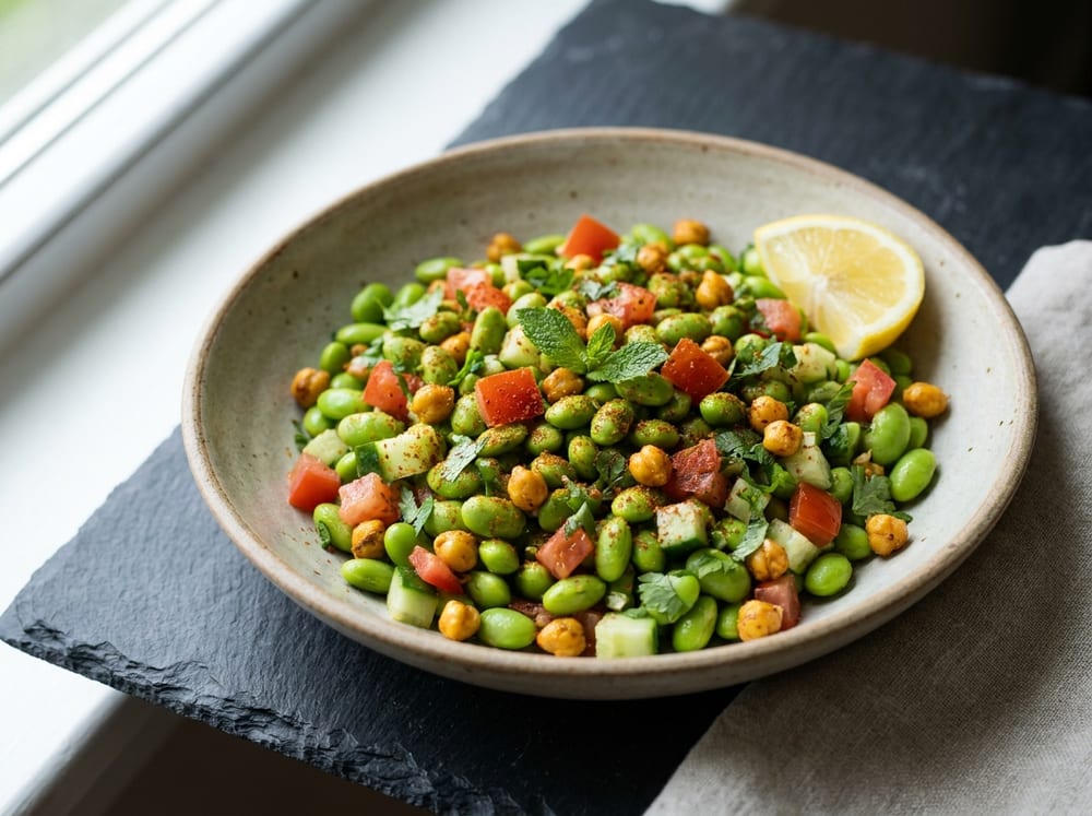 A shallow ceramic bowl of bright green edamame chaat mixed with diced red tomato, pale cucumber, and flecks of cilantro and mint, dusted with reddish chaat masala and scattered golden roasted chana, a lemon wedge resting on the rim, shot on a slate surface in soft natural side light.