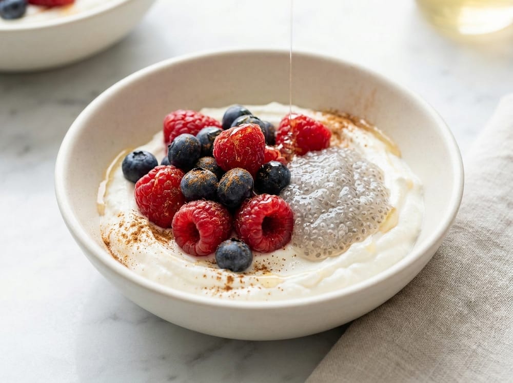 A small pale bowl of smooth whipped cottage cheese topped with glossy red raspberries and dark blueberries, a soft mound of translucent chia gel to one side, a fine dusting of cinnamon and a thin thread of honey catching the light, on a light marble surface in bright soft daylight.