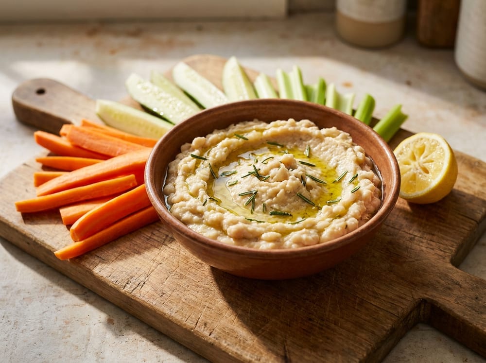 A rustic bowl of coarsely mashed creamy white beans flecked with green rosemary and a sheen of olive oil, set on a wooden board surrounded by fanned orange carrot sticks, pale cucumber spears, and celery, a lemon half nearby, warm natural light casting soft shadows.