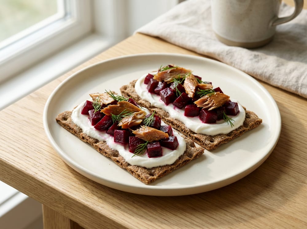 Two halved dark rye crispbreads on a pale ceramic plate, each spread with creamy white skyr, topped with glistening ruby-red diced beetroot and bronze flakes of smoked mackerel, scattered with feathery green dill sprigs, on a light oak table in soft diffused morning window light with gentle shadows.