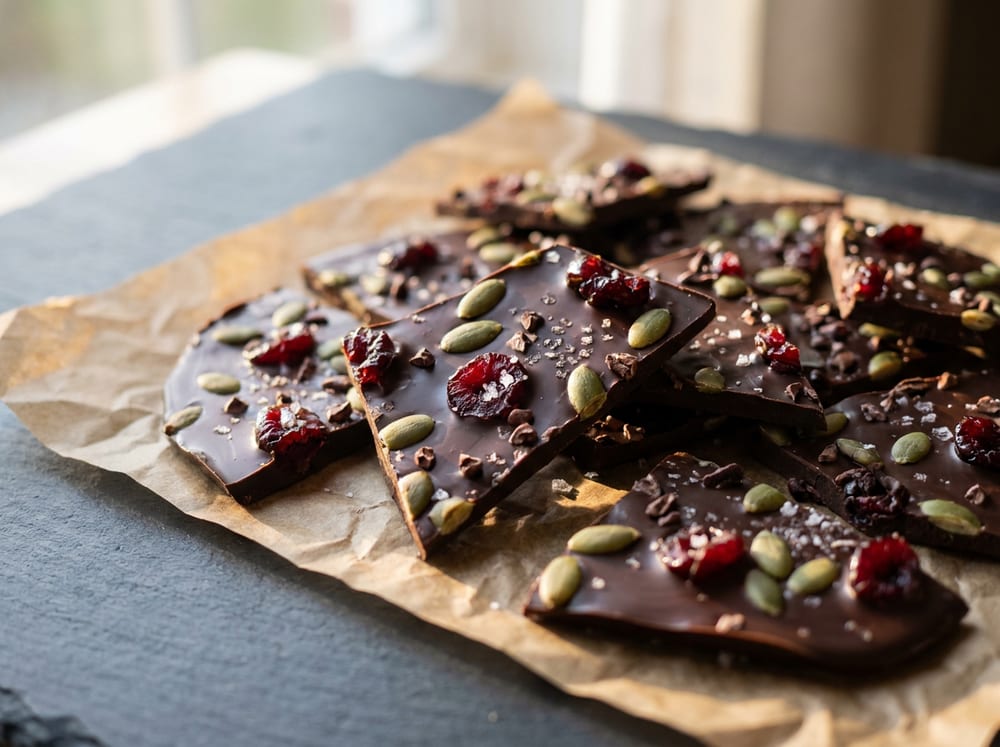 Irregular shards of glossy dark chocolate bark on crumpled parchment over a slate surface, studded with pale green pumpkin seeds, deep red dried cherries and dark cacao nibs, dusted with flecks of flaky sea salt, lit by soft directional light that catches the sheen of the chocolate and casts subtle shadows.
