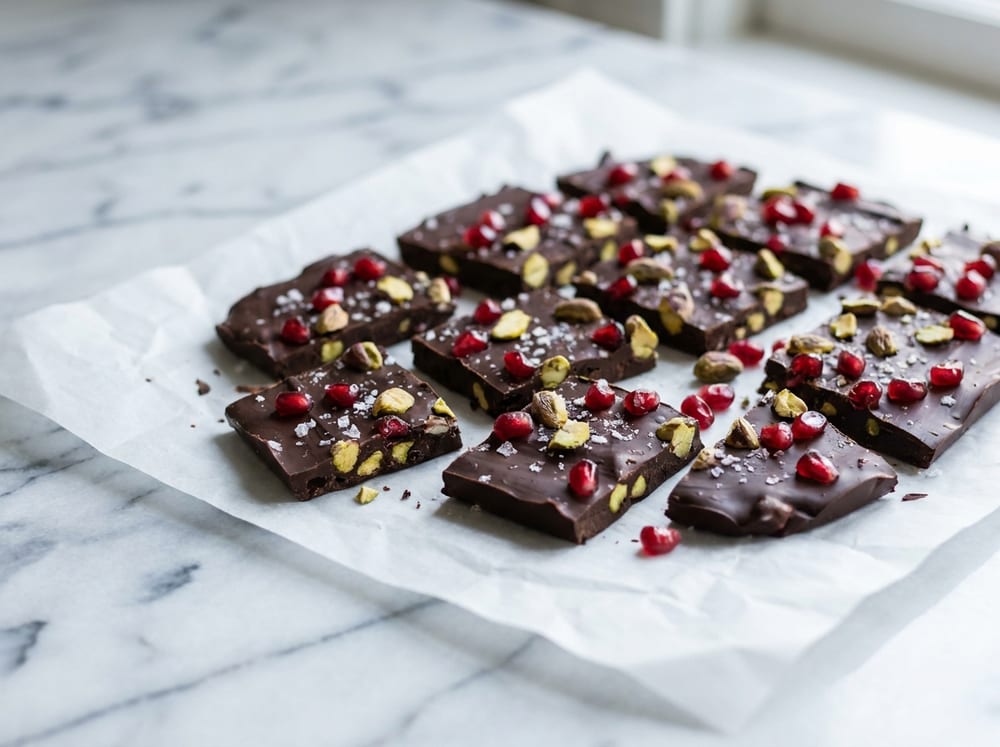 A slab of dark chocolate bark broken into rough squares on white parchment, studded with pale green pistachio pieces and glistening ruby pomegranate arils, dusted with flaky salt, on a marble surface under soft bright natural light.