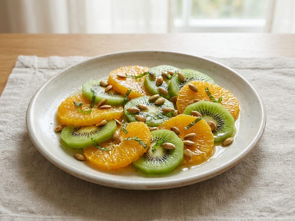 A pale ceramic plate of overlapping orange half-moons and bright green kiwi rounds, glossy with lime glaze and scattered with golden toasted pumpkin seeds and slivers of fresh mint, on a linen surface in soft natural morning light, no text or logos.