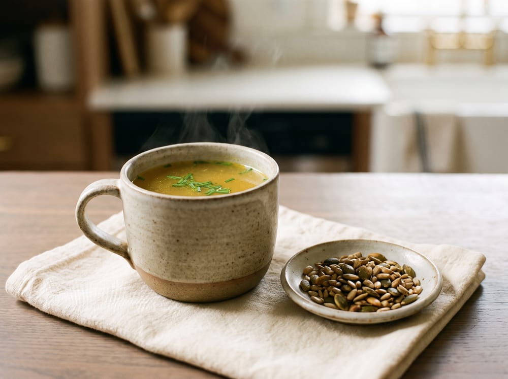 A stoneware mug of golden, steaming broth flecked with green chives beside a small dish of toasted pumpkin and sunflower seeds, on warm ivory linen over pale espresso wood in soft natural daylight, shot straight-on with a gently blurred background, 4:3 framing.